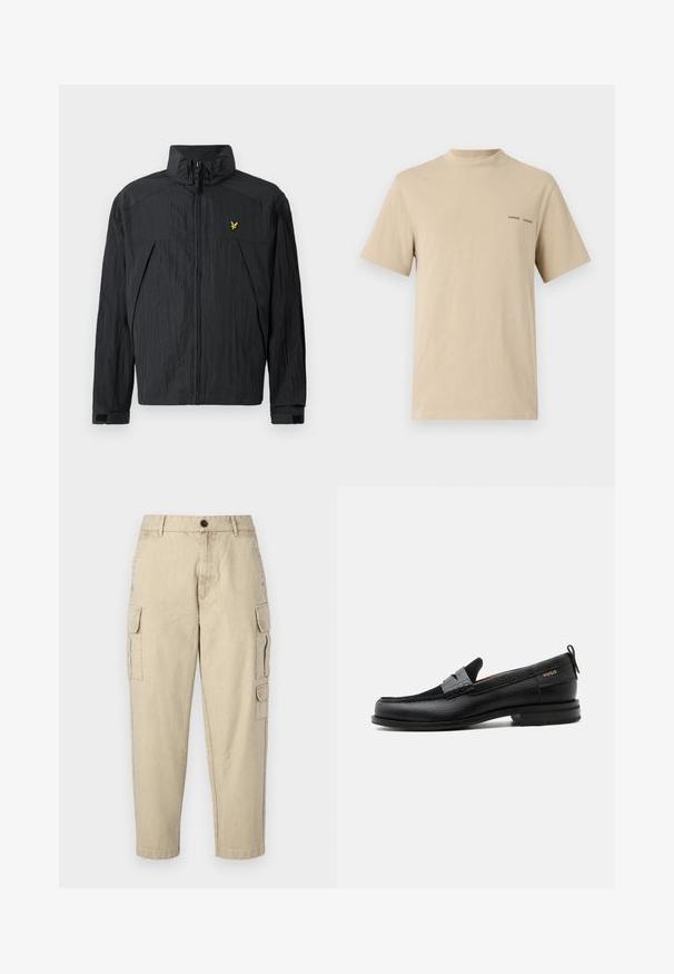 Zwarte lichte jas met een gerimpelde textuur, hoge kraag, ritssluiting aan de voorkant en een klein geel logo-accent op de borst.; Beige katoenen t-shirt met een ronde halslijn en korte mouwen. Beschikt over een subtiele zwarte "SAMSOE" tekstlogo op de borst.; Beige cargobroek gemaakt van zachte stof, met zijzakken, een knoopsluiting en een tapered leg ontwerp.; Zwarte leren loafer met grijs riemdetailelement, lage hak en gestructureerde zool, aan de zijkant gebrandmerkt met "HUGO" in goud.
