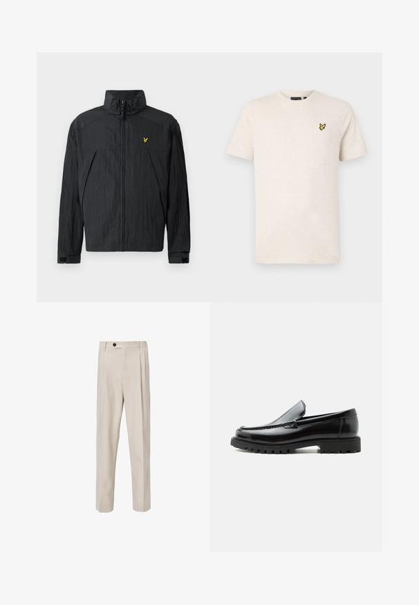 Zwarte lichte jas met een gerimpelde textuur, hoge kraag, ritssluiting aan de voorkant en een klein geel logo-accent op de borst.; Beige T-shirt met korte mouwen en ronde hals met een klein geel vogellogo op de linkerborst, weergegeven tegen een effen achtergrond.; Beige op maat gemaakte broek met een recht model, voorzien van voorplooien, een knoopsluiting en een gladde stofstructuur.; Zwarte leren loafer met dikke rubberen zool, gestikte bovenkant en gegraveerde merknaam op de hiel, zijaanzicht op witte achtergrond.