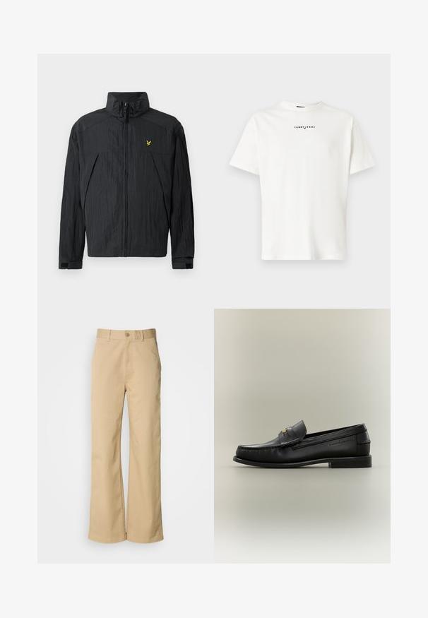 Zwarte lichte jas met een gerimpelde textuur, hoge kraag, ritssluiting aan de voorkant en een klein geel logo-accent op de borst.; Witte katoenen T-shirt met een ronde hals en korte mouwen. Voorzijde toont een zwart "TOMMY JEANS" logo gecentreerd bij de halslijn.; Beige, wijde broek gemaakt van een katoenmix. Voorzien van een knoopsluiting en riemlussen. Soepele textuur, met minimale stikseldetails.; Zwarte leren instapschoen met lage hak, gouden gespdetail en geperste merknaam aan de zijkant tegen een neutrale achtergrond.