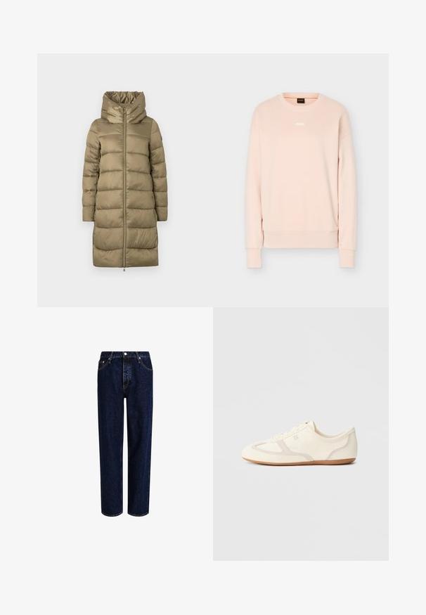 Doudoune kaki avec un col haut et une fermeture éclair sur le devant, présentant un design matelassé horizontal et une texture lisse.; Sweat-shirt à manches longues rose clair avec col rond, poignets et ourlet en côte, arborant un petit logo BOSS blanc centré sur la poitrine.; Jeans en denim bleu foncé avec une coupe droite, dotés d'une taille haute, d'un style à cinq poches et de coutures contrastantes. Sans embellissements.; Baskets couleur crème avec une tige en daim et tissu, un bout arrondi, et une semelle en caoutchouc avec un détail accent beige. Fermeture à lacets.