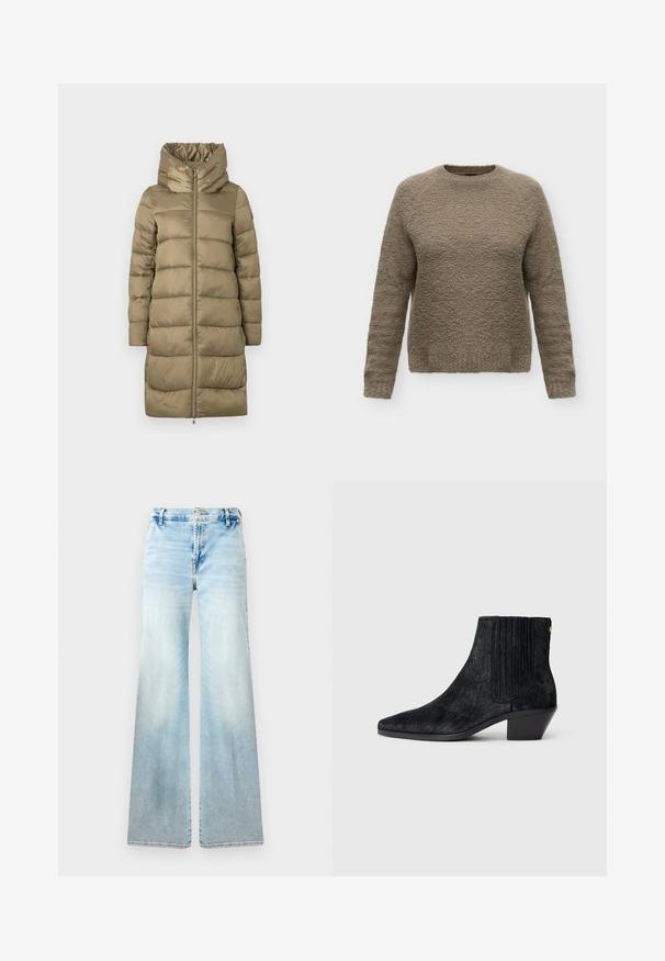 Doudoune kaki avec un col haut et une fermeture éclair sur le devant, présentant un design matelassé horizontal et une texture lisse.; Pull à manches longues à col rond en tissu taupe texturé avec une coupe légèrement ample, présenté sur un fond blanc uni.; Jean évasé bleu clair en denim. Présente un délavage, des poches standard et une fermeture à bouton à la taille.; Bottine noire à bout pointu, en matériau texturé imitant les cheveux, avec un panneau latéral à nervures et un petit talon carré. Un design simple et moderne.