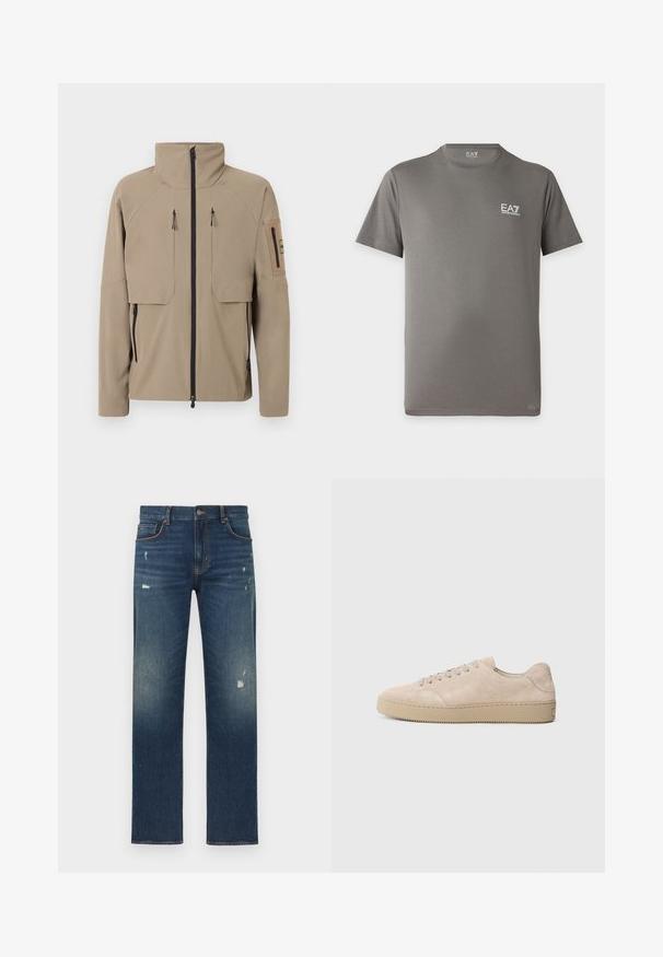 Veste beige à col montant avec fermeture éclair noire à l'avant, deux poches verticales zippées sur la poitrine, poches zippées sur les côtés et poche zippée sur la manche gauche.; T-shirt gris à manches courtes avec col rond et logo blanc EA7 Emporio Armani sur la poitrine gauche et à l'intérieur du col.; Jean en denim bleu avec une coupe droite, présentant un léger effet usé et décoloré, cinq poches et une fermeture par bouton à la taille.; Baskets en daim beige avec un bout rond, des lacets plats et une semelle en caoutchouc texturé. Design minimaliste avec des bords lisses et des coutures discrètes.