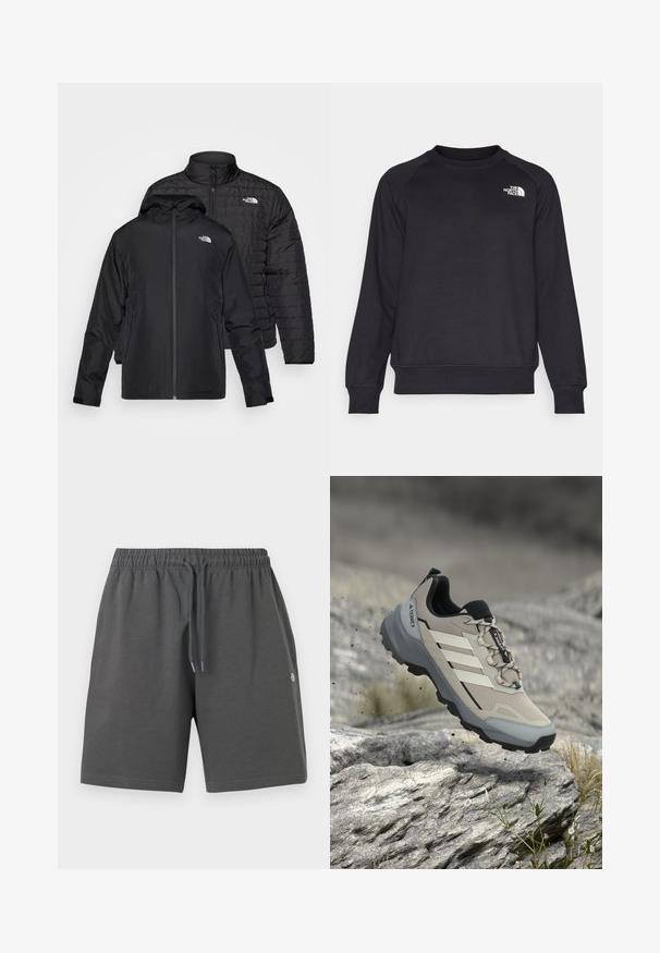 To sorte jakker stablet: den ene er en pufferjakke med høj krave, den anden er en let jakke med hætte og lynlåslukning.; Sort sweatshirt med ribbet rund hals, lange raglanærmer og et lille hvidt logo på venstre bryst. Lavet af blødt, holdbart stof.; Grå shorts lavet af blødt stof med elastisk taljebånd og justerbar snøre. Har et enkelt design uden lommer eller mønstre.; Lysegrå og sorte Adidas Terrex vandresko svævende i luften over stenet terræn med små planter i udendørsmiljø.