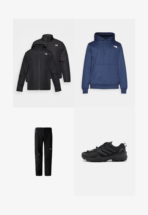 Twee zwarte jassen gestapeld: de ene is een puffy, gewatteerde jas met een hoge kraag; de andere is een lichtgewicht jas met een capuchon en ritssluiting.; Navyblauwe hoodie van zacht materiaal, met een voorste kangoeroezak, verstelbare trekkoordkap en een klein wit logo op de borst.; Zwarte outdoorbroek met een strak ontwerp, gemaakt van een duurzame, lichtgewicht stof. Voorzien van een riem, zijzakken en een logo op de dij.; Zwarte sportschoen met een gemêleerde mesh bovenkant, contrasterende synthetische accenten en een robuuste rubberen zool. Voorzien van een veilig vetersysteem en een achterste tab.