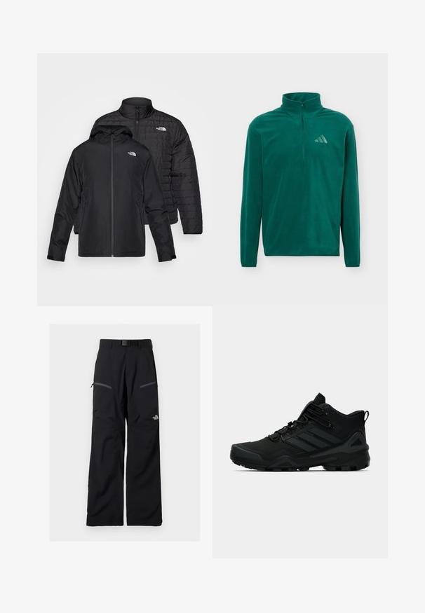 Zwei schwarze Jacken übereinander gestapelt: Eine ist eine gepolsterte, gesteppte Jacke mit hohem Kragen; die andere ist eine leichte Jacke mit Kapuze und Reißverschluss.; Tealgrüner Fleecepullover mit langen Ärmeln, Viertel-Reißverschluss und Adidas-Logo auf der linken Brust, einfarbiger Hintergrund.; Schwarze Outdoor-Hose mit verstellbarem Gürtel, zwei Reißverschlusstaschen an den Oberschenkeln und The North Face-Logo am rechten Bein.; Schwarzer hoher Wanderschuh mit profilierter Sohle, Schnürung vorne und gebrandeten Seitenstreifen auf einfarbig hellem Hintergrund.