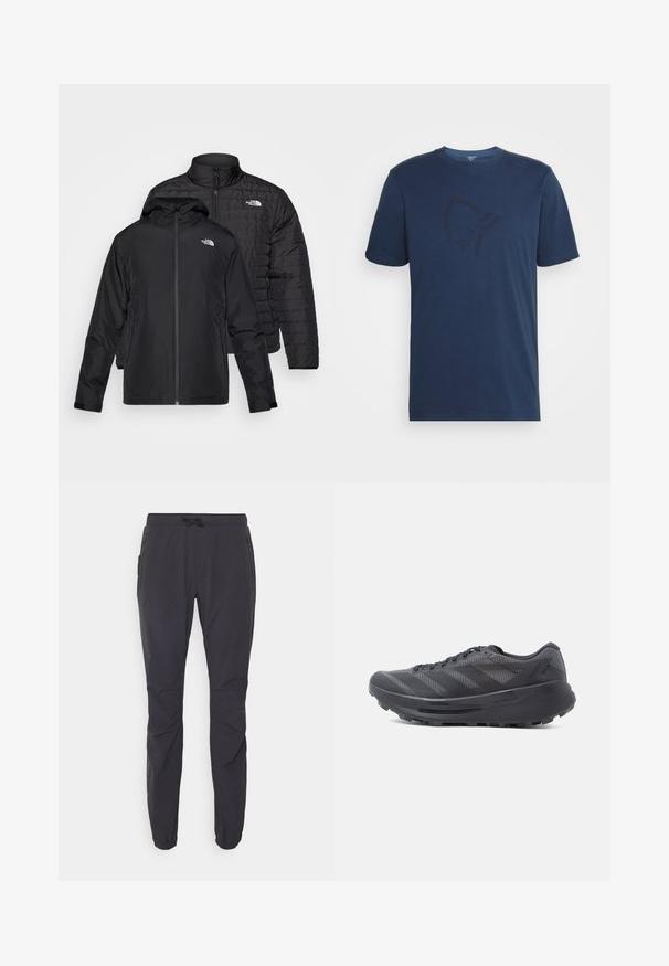 To sorte jakker stablet: den ene er en pufferjakke med høj krave, den anden er en let jakke med hætte og lynlåslukning.; Norrøna /29 COTTON VIKING T-SHIRT - T-shirts print - indigo night/sky captain; Sorte, letvægts udendørs bukser med elastisk talje, snorelukning og to sidelommer med lynlås. Fremstillet af åndbart stof.; Sort løbesko med mesh-overdel, teksturerede overlays og tyk gummisål. Har seks snørehuller og et mønstret design.