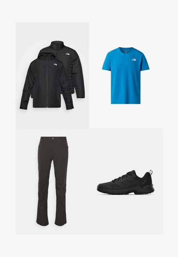Twee zwarte jassen gestapeld: de ene is een puffy, gewatteerde jas met een hoge kraag; de andere is een lichtgewicht jas met een capuchon en ritssluiting.; Blauwe T-shirt met korte mouwen, gemaakt van gladde stof, met een klein wit logo op de linkerborst. Klassiek rond decolleté ontwerp.; Zwarte, rechte broek met een gladde stofstructuur, voorzakken en een zilveren knoopsluiting. Eenvoudig ontwerp en strakke lijnen.; Zwarte sportschoen met een gestructureerd bovenwerk, versterkte neus, stevige buitenzool en een trekkoordje aan de hiel voor gemakkelijk aan- en uittrekken.