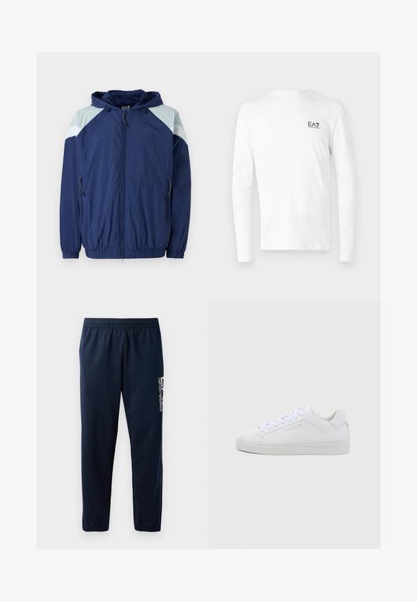 Marineblå vindjakke med lyseblå detaljer, elastiske manchetter, justerbar hætte og lynlåslommer; har et struktureret, let materiale.; Hvid langærmet T-shirt lavet af bomuld, med et lille sort EA7-logo på venstre brystområde. Enkel design med rund halsudskæring.; Marineblå sweatpants med elastisk talje, tætsiddende ben og et hvidt logo på siden. Glat stof med en let tekstur.; Hvide sneakers i lav model og læder med rund snude, flade snørebånd, tekstureret sål og diskret guldfarvet logo på siden. Glat overflade og minimalistisk design.