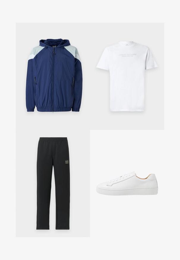 Marineblå vindjakke med lyseblå detaljer, elastiske manchetter, justerbar hætte og lynlåslommer; har et struktureret, let materiale.; Hvid bomulds T-shirt med rund halsudskæring, korte ærmer og prægede "ARMANI EXCHANGE MILANO/NEW YORK" logo på fronten.; Sorte sweatpants med lige ben, elastisk talje og sort logo-patch på venstre lår.; Hvide lædersneakers med en glat overflade, afrundet tå, flad snørebåndsdesign og en tyk gummisål med et struktureret grebmønster.