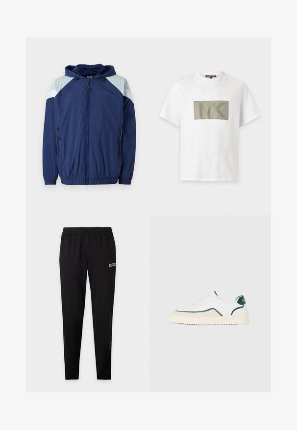 Marineblå vindjakke med lyseblå detaljer, elastiske manchetter, justerbar hætte og lynlåslommer; har et struktureret, let materiale.; Hvid T-shirt med korte ærmer med stort sort perforeret "MK" logo centreret på brystet.; Sorte slim fit joggingbukser med elastisk talje og lille logodetalje på øverste lår på ensfarvet baggrund.; Hvide lavtop sneakers med grønne detaljer, beige ruskind og en cremefarvet sål med en rilllet bund.