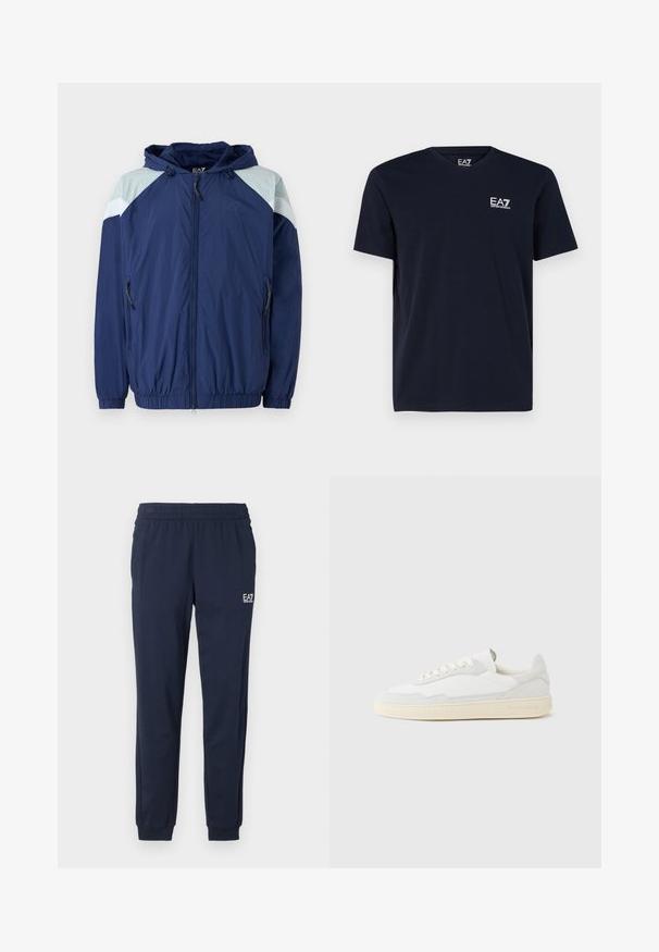 Marineblå vindjakke med lyseblå detaljer, elastiske manchetter, justerbar hætte og lynlåslommer; har et struktureret, let materiale.; Sort T-shirt med korte ærmer og rund halsudskæring med lille hvid EA7 Emporio Armani-logo på venstre bryst.; Mørkeblå sweatpants med elastisk talje og manchetter. Har et lille hvidt logo på venstre ben. Fremstillet af et blødt, strækbart materiale.; Hvid sneakers med en øvre del i tekstureret ruskind og læder. Har rundet tå, snørelukning og kontrasterende beige gummisål.
