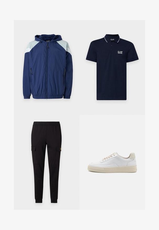 Marineblå vindjakke med lyseblå detaljer, elastiske manchetter, justerbar hætte og lynlåslommer; har et struktureret, let materiale.; Mørkeblå polo-shirt lavet af bomuld med klassisk krave, tre-knaps placket og hvide accentlinjer omkring kraven og ærmerne. EA7-logo i hvid.; Sorte sweatpants lavet af blødt materiale, med en tapered ben-design og to sidelommer med cargo-stil samt et subtilt logo på den ene lomme.; Hvide sneakers med en glat læderoverdel, beige snørebånd og en tekstureret beige ruskindsheel-tab. Hævet sål for ekstra højde.
