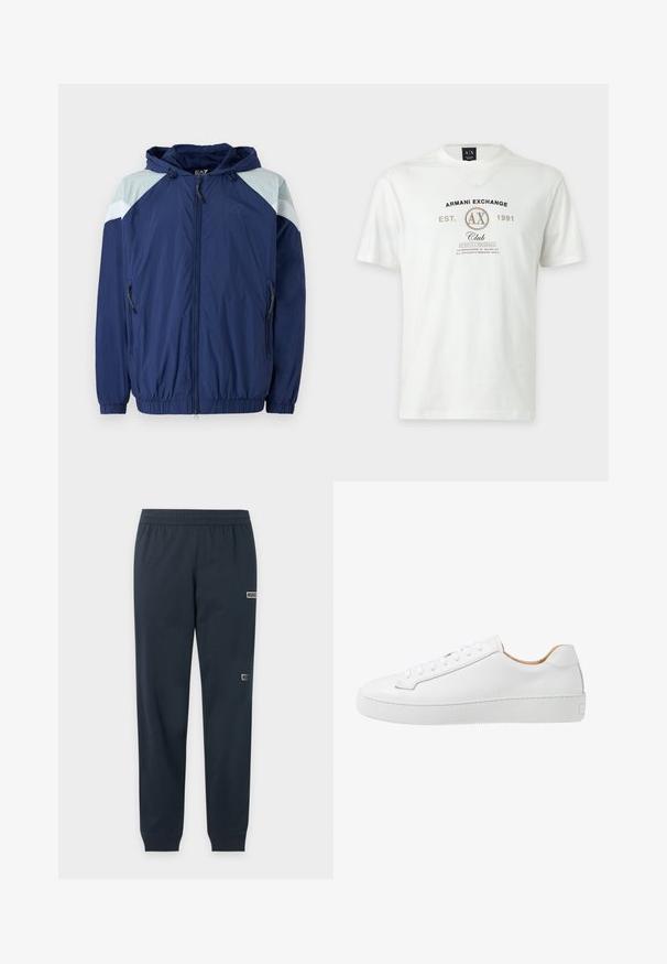 Marineblå vindjakke med lyseblå detaljer, elastiske manchetter, justerbar hætte og lynlåslommer; har et struktureret, let materiale.; Hvid Armani Exchange t-shirt med korte ærmer med logo, "AX," og tekst "Armani Exchange Est. 1991 Club Strictly Personal" trykt på forsiden.; Mørkeblå slim-fit joggingbukser med elastisk talje og manchetter, der har to små EA7 Emporio Armani logo patches på højre ben.; Hvide lædersneakers med en glat overflade, afrundet tå, flad snørebåndsdesign og en tyk gummisål med et struktureret grebmønster.