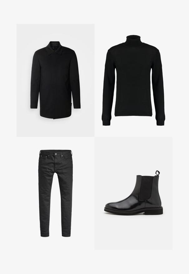 INDICODE JEANS Manteau court - black; Pull à col roulé noir en tricot lisse, avec des manches longues et une silhouette ajustée. Poignets et ourlet côtelés.; Jeans noirs slim-fit avec poches avant, passants de ceinture, et fermeture à bouton, présentés sur un fond blanc.; Bottines Chelsea noires en cuir brillant, avec des panneaux latéraux élastiques, une languette et une semelle en caoutchouc plate.
