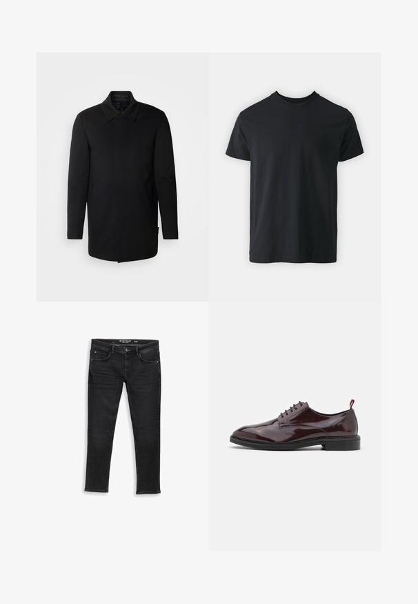 INDICODE JEANS Manteau court - black; T-shirt noir en coton à manches courtes avec un col rond et une coupe décontractée. Texture lisse et ourlet droit, sans graphismes ni motifs visibles.; Jean en denim noir à coupe normale, avec fermeture éclair, bouton et cinq poches. Texture lisse et design classique.; Chaussure de ville en cuir bordeaux avec une finition brillante, à bout rond, à lacets, et une semelle noire contrastante. Comprend un onglet de talon rouge.