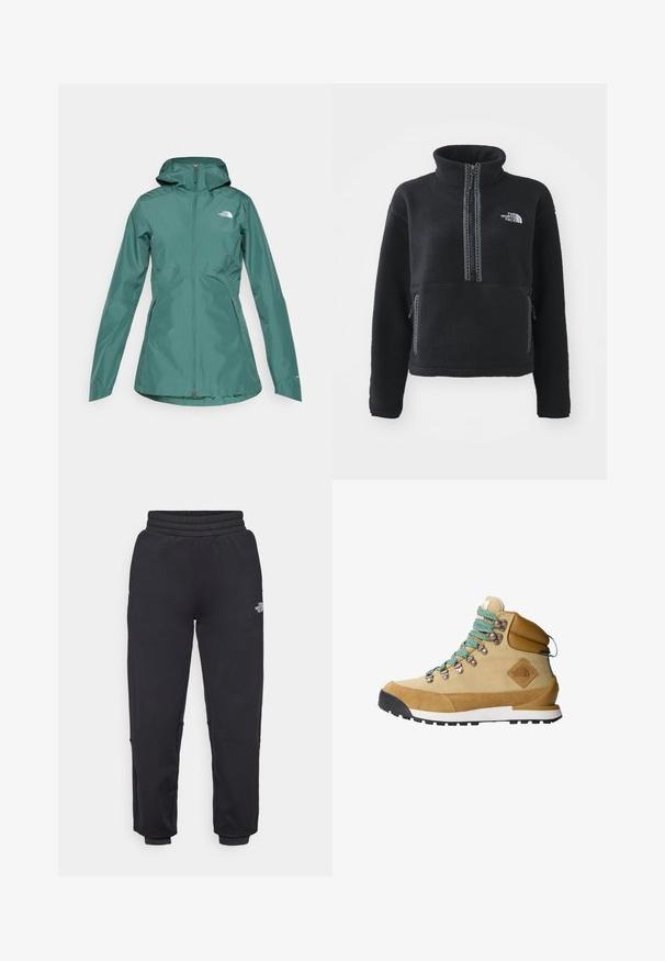 Veste imperméable teal avec capuche, fermeture éclair intégrale et deux poches latérales. Arbore un logo sur la poitrine et est fabriquée à partir d'un matériau lisse et léger.; Polaire noire à col montant, fermeture éclair au quart, poche avant et coutures contrastantes. Dispose du logo The North Face sur la poitrine.; The North Face W MOUNTAIN ATHLETICS - Pantalon de survêtement - black; Botte de randonnée beige avec un dessus en suède et en toile, lacets turquoise, col rembourré et semelle en caoutchouc noir avec un motif de grip texturé.