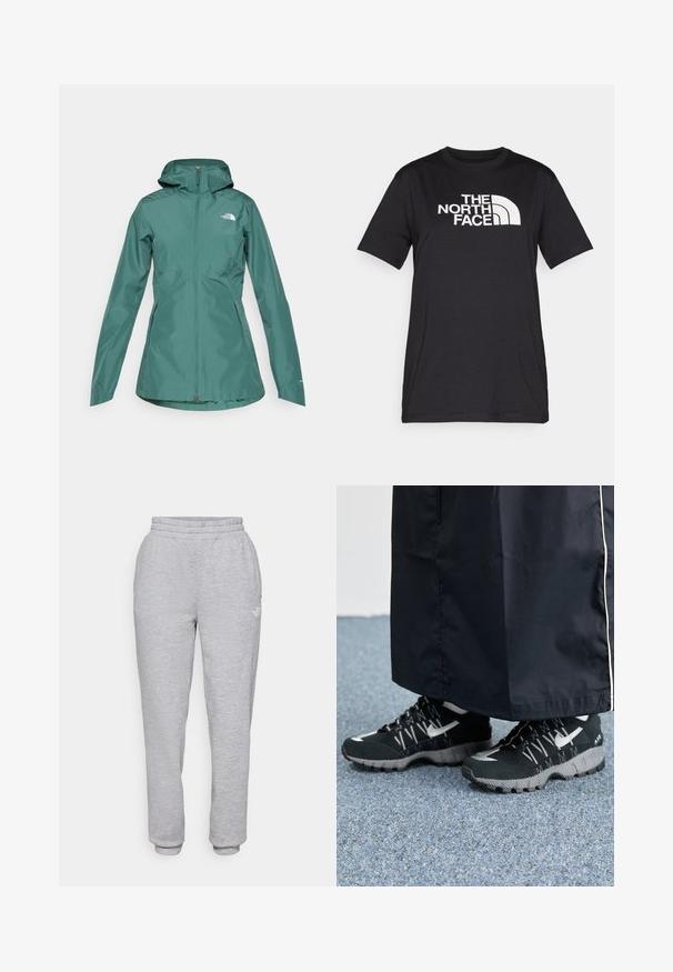 Veste imperméable teal avec capuche, fermeture éclair intégrale et deux poches latérales. Arbore un logo sur la poitrine et est fabriquée à partir d'un matériau lisse et léger.; T-shirt en coton noir avec un grand logo blanc "THE NORTH FACE" sur la poitrine et un col rond. Manches courtes, coupe décontractée.; The North Face W MOUNTAIN ATHLETICS - Pantalon de survêtement - pale grey heather/meld grey; Des chaussures de sport noires avec un dessus texturé, des accents argentés et une semelle extérieure à motifs, associées à un long vêtement noir. Présentées sur un tapis bleu.