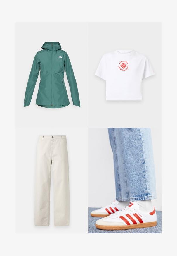 Teal vandtætsjakke med hætte, fuld lynlås og to sidelommer. Har et logo på brystet og er lavet af et glat, let materiale.; Hvid cropped t-shirt med korte ærmer med et rødt, rundt Columbia Sportswear-logo i midten af brystet.; Beige bukser med vide ben og diskrete lodrette nålestriber, bæltestropper, knaplukning og forlommer.; Hvide lædersneakers med røde striber og accenter. Har en tekstureret gummisål og polstret krave. Bæres med lyseblå denim.