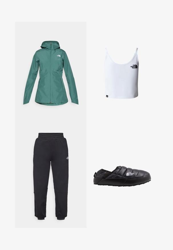 Teal waterproof jack met capuchon, volledige rits en twee zijzakken. Bevat een logo op de borst en is gemaakt van een glad, lichtgewicht materiaal.; Witte cropped tanktop met dunne bandjes, met het zwarte The North Face-logo op de borst en vlak bij de onderzoom.; The North Face W MOUNTAIN ATHLETICS - Trainingsbroek - black; Zwarte geïsoleerde instapschoen met een gewatteerde bovenkant, rubberen zool en textuurdetails. Voorzien van een hiel trekhaak en merknaam aan de zijkant.