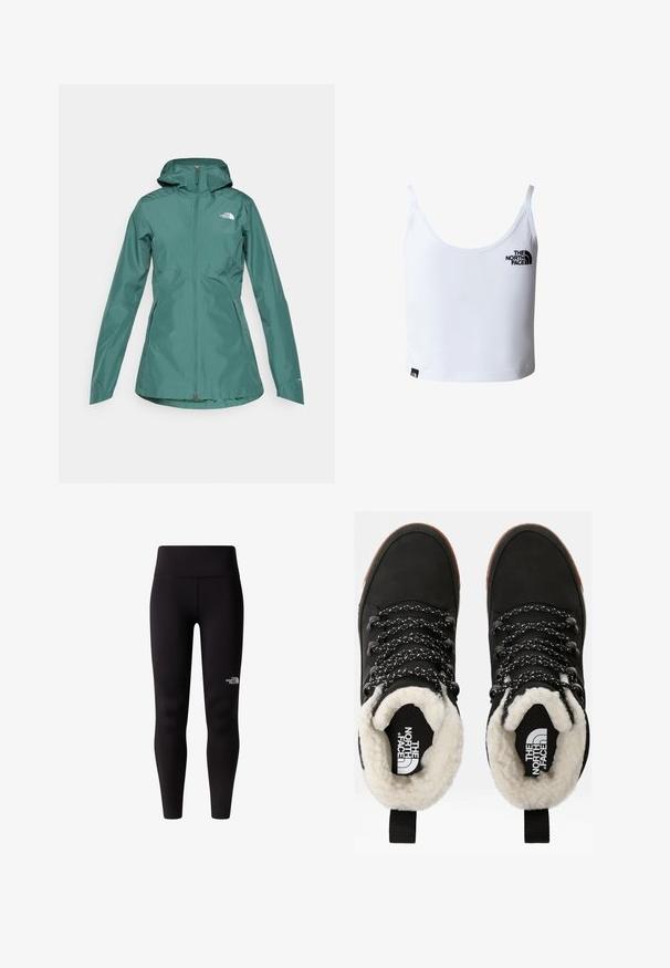 Teal vandtætsjakke med hætte, fuld lynlås og to sidelommer. Har et logo på brystet og er lavet af et glat, let materiale.; Hvid croppet tanktop med tynde stropper, med The North Face-logo i sort på brystet og nær den nederste kant.; Sorte leggings med høj talje, lavet af et glat, strækbart stof. Et lille hvidt logo er placeret på det nederste ben.; Sorte vandtætte ankelstøvler med for af faux pels, tekstureret stof, snørebånd med hvidt og sort mønster samt en løkker ved hælen.