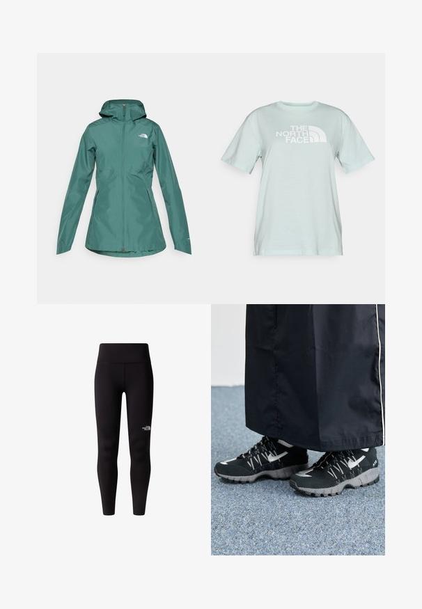 Teal vandtætsjakke med hætte, fuld lynlås og to sidelommer. Har et logo på brystet og er lavet af et glat, let materiale.; Mintgrøn T-shirt lavet af blød bomuld, med en stor hvid grafisk logo tværs over brystet. Standard rund halsudskæring og korte ærmer.; Sorte leggings med høj talje, lavet af et glat, strækbart stof. Et lille hvidt logo er placeret på det nederste ben.; Sorte sportsko med en struktureret overdel, sølvdetaljer og en mønstret ydersål, parret med et langt sort plagg. Sat mod blå tæpper.