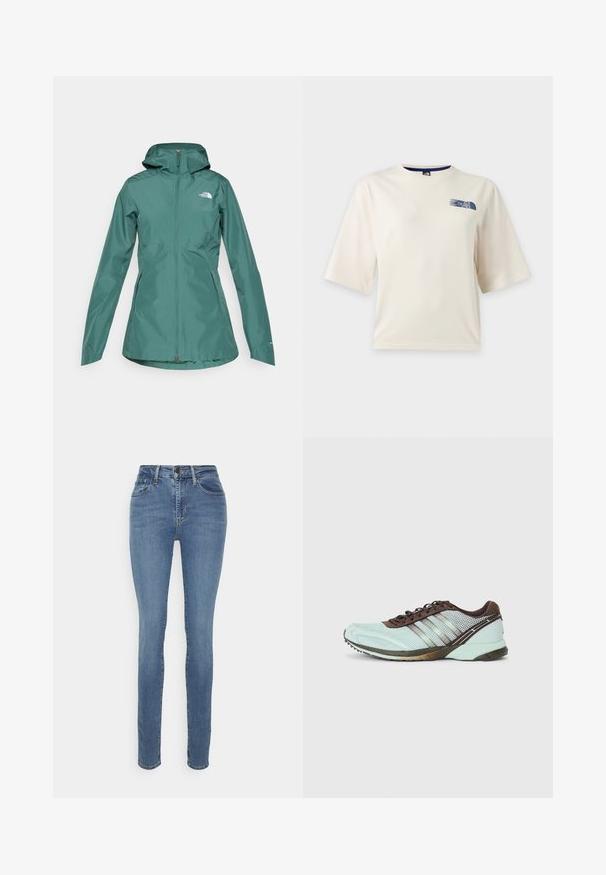 Teal vandtætsjakke med hætte, fuld lynlås og to sidelommer. Har et logo på brystet og er lavet af et glat, let materiale.; Hvid T-shirt med korte ærmer med en lille blå The North Face-logo på øverste venstre bryst.; Slanke jeans i mid-blå denim, med høj talje, subtile slidmærker og klassisk fem-lomme design med metalnitter.; adidas Originals ADIZERO ADIOS OG W - Sneakers - dark brown/ash green