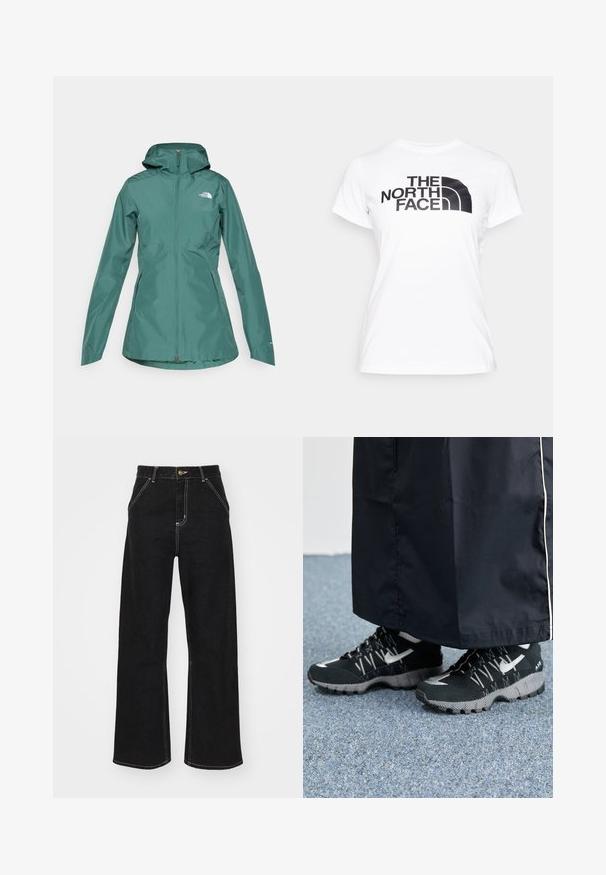 Chaqueta impermeable en azul verde con capucha, cierre completo y dos bolsillos laterales. Presenta un logo en el pecho y está hecha de un material liso y ligero.; Camiseta de algodón blanca con un estampado gráfico negro del logotipo de "THE NORTH FACE" en el frontal. Mangas cortas y escote redondo.; Vaqueros negros de pierna ancha hechos de mezclilla. Presentan costuras blancas en contraste, bolsillos delanteros y un cierre de botón en la cintura.; Zapatillas deportivas negras con un upper texturizado, detalles plateados y una suela con patrón, combinadas con una prenda larga negra. Colocadas sobre una alfombra azul.