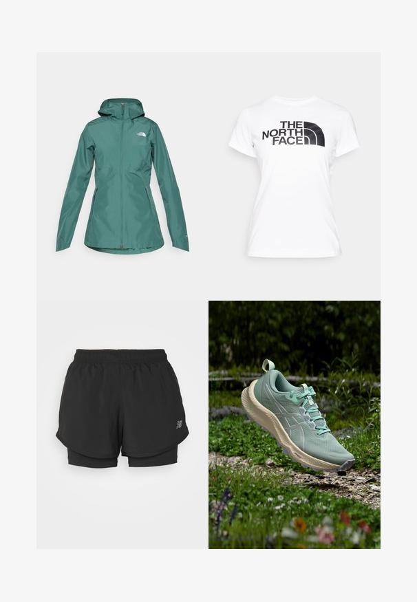 Teal vandtætsjakke med hætte, fuld lynlås og to sidelommer. Har et logo på brystet og er lavet af et glat, let materiale.; Hvid bomulds T-shirt med sort grafisk print af "THE NORTH FACE" logoet foran. Korte ærmer og rund halsudskæring.; Sorte sportsshorts med elastisk talje, med et lagdelt design og en inderside. Stoffet virker let og glat.; Lysegrøn løbesko med beige sål, der svæver over en grussti omgivet af græs og små vilde blomster i en naturlig setting.
