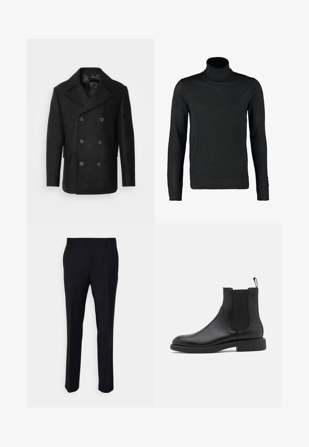 Isaac Dewhirst NEW SHORT PEACOAT SIDE ENTRY - Overgangsjakke - black; Lindbergh ROLL NECK - Striktrøje - black; Sorte bukser lavet af vævet stof, med en skræddersyet pasform, flad front, sidelommer og lige ben-design.; Sort læder ankelstøvle med glat overflade, elastiske sidepaneler og en trækstrop. Rund tå og flad gummisål med minimal mønster.