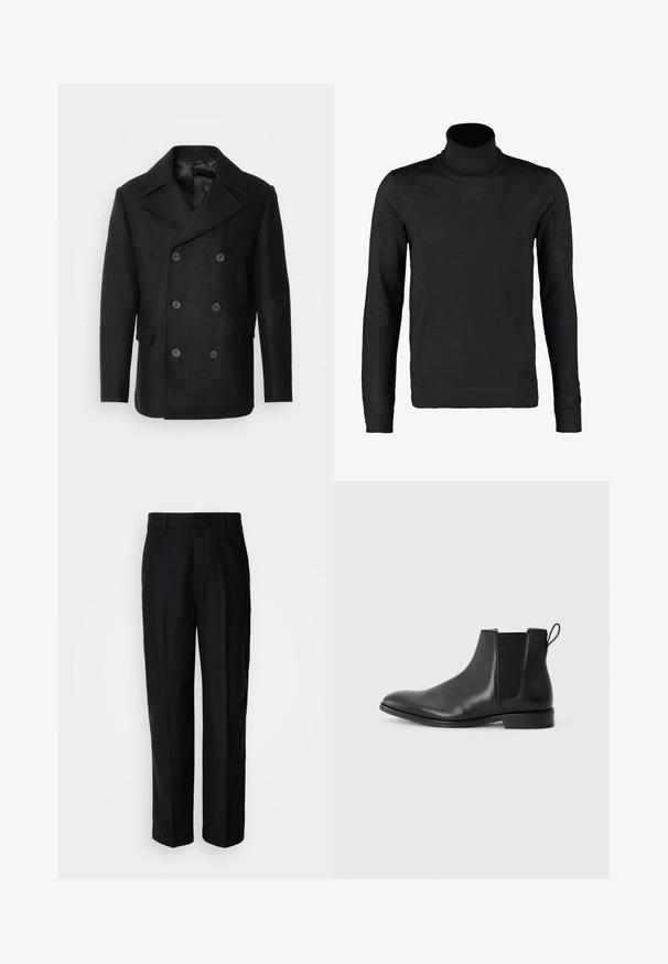 Isaac Dewhirst NEW SHORT PEACOAT SIDE ENTRY - Overgangsjakke - black; Lindbergh ROLL NECK - Striktrøje - black; Sorte bukser lavet af glat stof, med lige ben, flad front og bæltestropper, præsenteret mod en ensfarvet baggrund.; JOOP! PERO KLEITOS CHELSEA - Støvletter - black