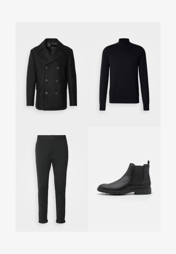Isaac Dewhirst NEW SHORT PEACOAT SIDE ENTRY - Välikausitakki - black; Musta poolapaiset neule pehmeästä kankaasta. Ominaisuuksiin kuuluvat pitkät hihat, ribbireunukset kauluksessa ja hihansuissa, sileä pinta ja ilman kuvioita.; Mustat housut, jotka on valmistettu sileästä kankaasta ja joissa on suora istuvuus. Ominaisuuksiin kuuluu yksi nappisulku ja käännetyt lahkeet.; Mustat nahkaiset Chelsea-nilkkurit, joissa on joustavat sivupaneelit ja vetoketju, pyöristetty kärki ja teksturoitu kumipohja.