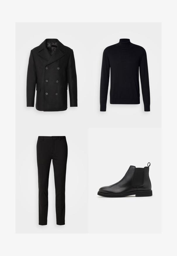 Isaac Dewhirst NEW SHORT PEACOAT SIDE ENTRY - Overgangsjakke - black; Sort tregnet trøje lavet af blødt stof. Har lange ærmer, ribbestrikket krave og manchetter, samt en glat overflade uden mønstre.; Sorte bukser med slim fit, der har knaplukning og bæltestropper. Lavet af glat stof med en let glans, uden synlige mønstre.; Sorte læder Chelsea støvler med elastiske sidepaneler og en træksløjfe. Rund tå og flad gummisål, der fremviser en glat finish.