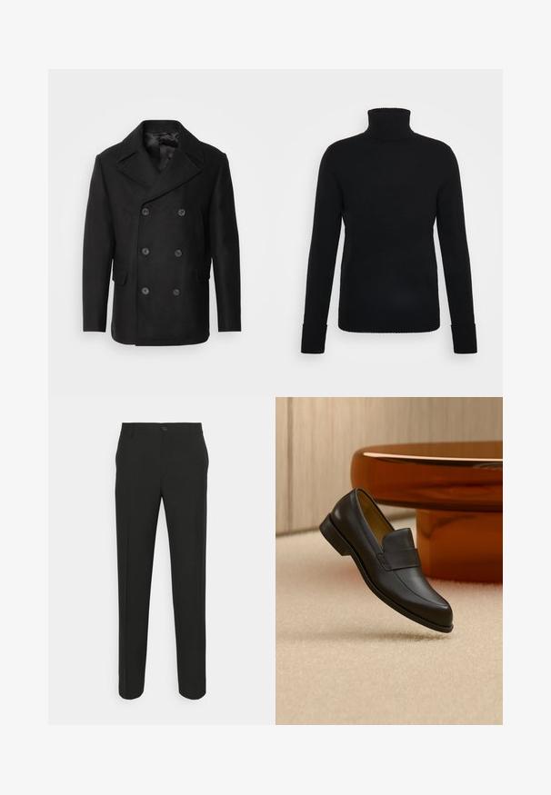 Isaac Dewhirst NEW SHORT PEACOAT SIDE ENTRY - Välikausitakki - black; FTC Cashmere ROLLNECK - Neule - moonless night; Mustat räätälöidyt housut suoran leikkauksen omaavina, joissa on yksittäinen napitus ja vyölenkit. Sujuva, matta kangas ilman kuvioita.; Musta nahkainen loafer-kenkä matalalla korolla, kelluu beigen maton yläpuolella lähellä pyöreää ruskeaa pöytää.