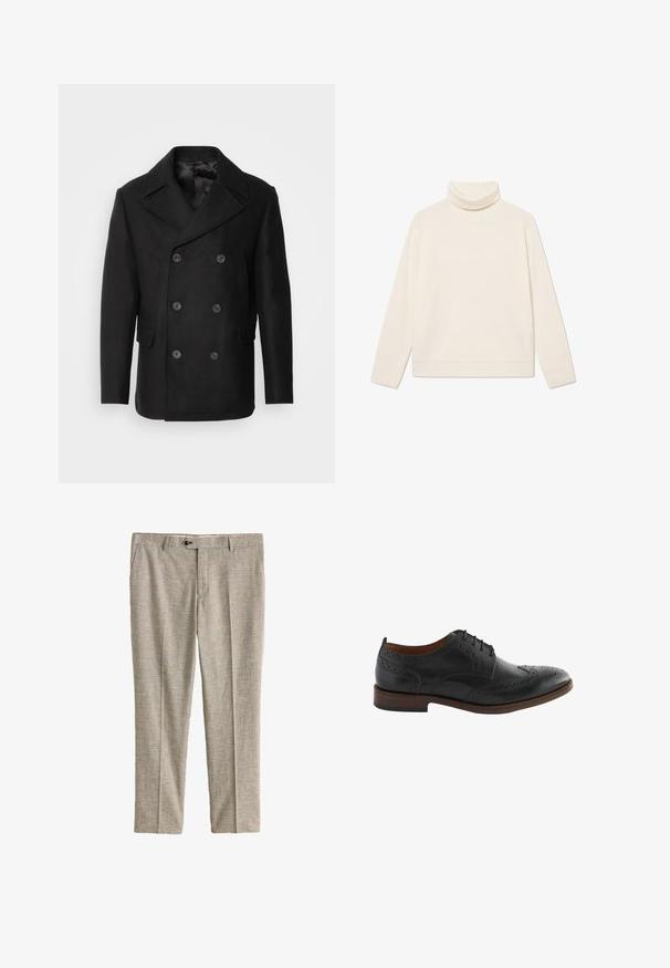 Isaac Dewhirst NEW SHORT PEACOAT SIDE ENTRY - Overgangsjakke - black; Cremefarvet ribbet turtleneck sweater lavet af blødt stof, med lange ærmer og en afslappet pasform, samt en foldet krave og kant.; Beige slim-fit bukser med ternet mønster i brunt og sort, frontknaplukning, sidelommer og pressede slidser.; Sort læder brogue-dressko med dekorative perforeringer, snørelukning og brun sål.