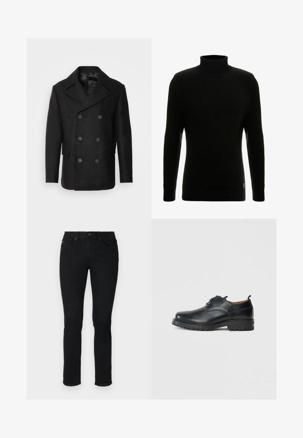 Isaac Dewhirst NEW SHORT PEACOAT SIDE ENTRY - Overgangsjakke - black; Sort turtleneck sweater med lange ærmer, ribbet tekstur, tætsiddende silhuet og lille mærke nederst til venstre.; Sorte denimjeans med slim fit, fem lommer, bæltestropper og knaplukning i taljen.; Sorte læder derby-sko med en glat overflade, rund tå, snøre-design og en tyk, robust gummisål.