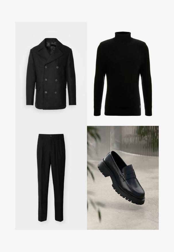 Isaac Dewhirst NEW SHORT PEACOAT SIDE ENTRY - Overgangsjakke - black; Sort turtleneck sweater med lange ærmer, ribbet tekstur, tætsiddende silhuet og lille mærke nederst til venstre.; Sorte, skræddersyede bukser med høj talje, bæltestropper, forreste læg, sidelommer samt knap- og lynlåslukning.; Sorte læder loafers med en chunky sål, der har en dekorativ rem og syninger. Glat tekstur med en poleret overflade.