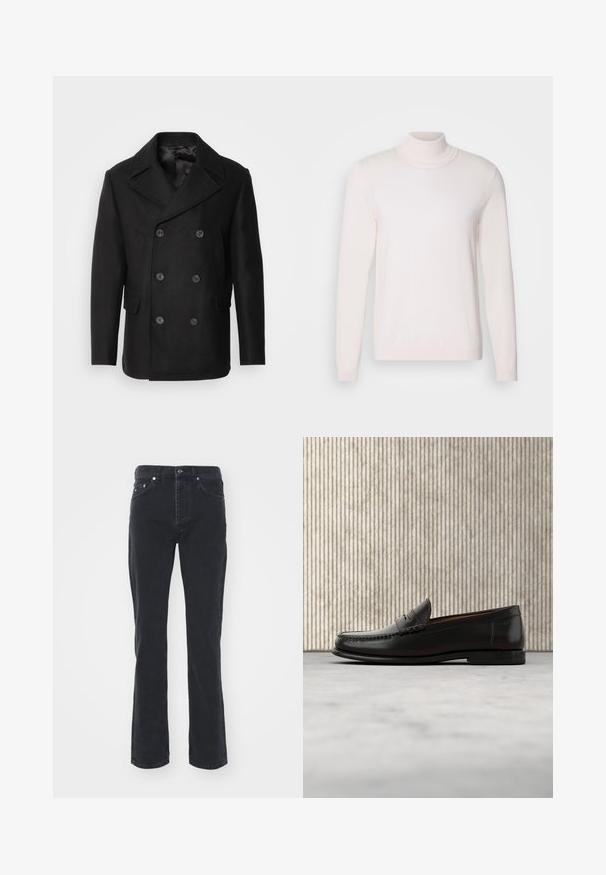 Isaac Dewhirst NEW SHORT PEACOAT SIDE ENTRY - Jas - black; Lichtroze coltrui met lange mouwen, een zachte textuur, ribbelkraag en manchetten, met een klassieke, getailleerde uitstraling.; Zwarte denim jeans met een rechte pijpdesign, voorzien van vijf zakken en een knoopsluiting. De stof heeft een subtiele textuur en stevige afwerking.; Zwarte leren penny loafer met lage hak, afgeronde neus en gestikte details langs de voorkant en zijkanten, afgebeeld op een neutrale achtergrond.