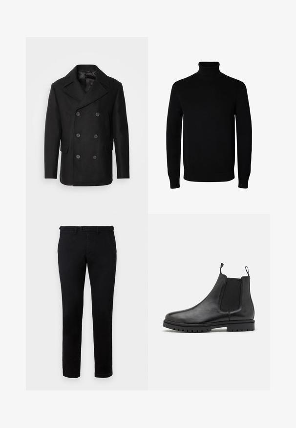 Isaac Dewhirst NEW SHORT PEACOAT SIDE ENTRY - Overgangsjakke - black; Sort langærmet rullekrave sweater med rib manchetter og kant, vist på en ensartet hvid baggrund.; Sorte bomuldsbukser med lige ben-design, der har en knaplukning, bæltestropper og sidelommer. Glat tekstur med minimal detaljer.; Sorte læder Chelsea støvler med elastiske sidepaneler, trækkemærker og en struktureret gummisål med et slidbane mønster.