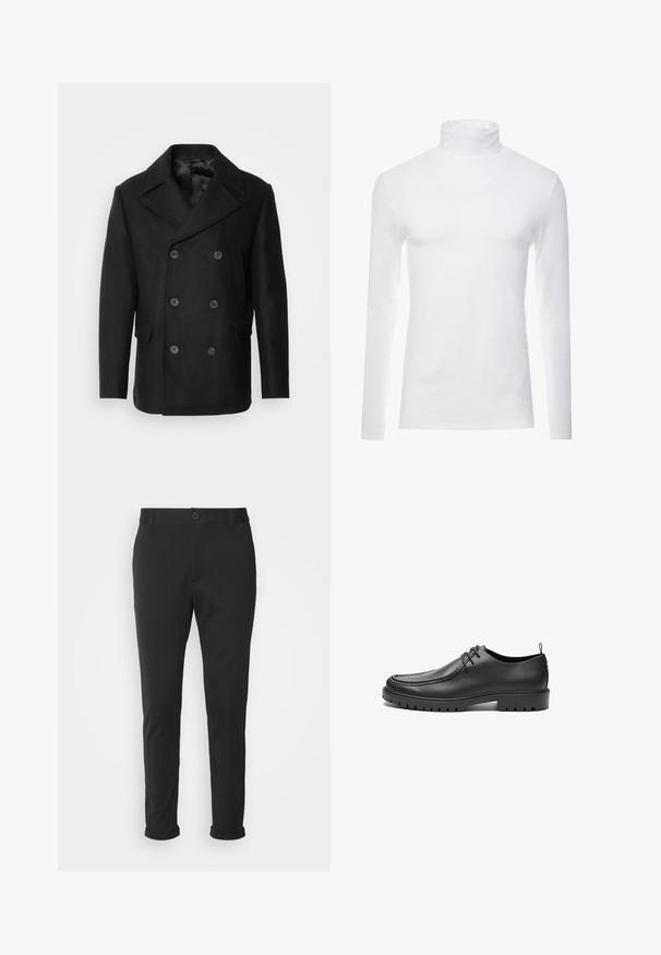 Isaac Dewhirst NEW SHORT PEACOAT SIDE ENTRY - Chaqueta de entretiempo - black; Camisa de cuello alto de manga larga blanca, hecha de un tejido suave y elástico. Presenta un diseño ajustado que proporciona una silueta estilizada.; Pantalones negros hechos de una tela suave con corte recto. Cuenta con un cierre de botón único y puños doblados.; Zapatos de cuero negro con un acabado suave, punta redondeada y costuras decorativas. Cuenta con una suela de goma con surcos para tracción y un diseño de cordones.