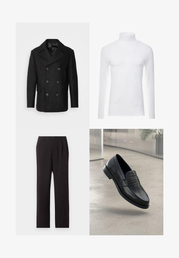 Isaac Dewhirst NEW SHORT PEACOAT SIDE ENTRY - Overgangsjakke - black; Hvid langærmet turtleneck skjorte lavet af blødt, strækbart materiale. Har en høj krave og et tætsiddende design, som giver en strømlinet silhuet.; Sorte højtaljede skræddersyede bukser med folder, knaplukning, bæltestropper og lige ben på en ensfarvet lys baggrund.; Sort lædersko med glat tekstur, spids tå og en dekorativ rem over vristen. Letvægts sål, minimalistisk design.