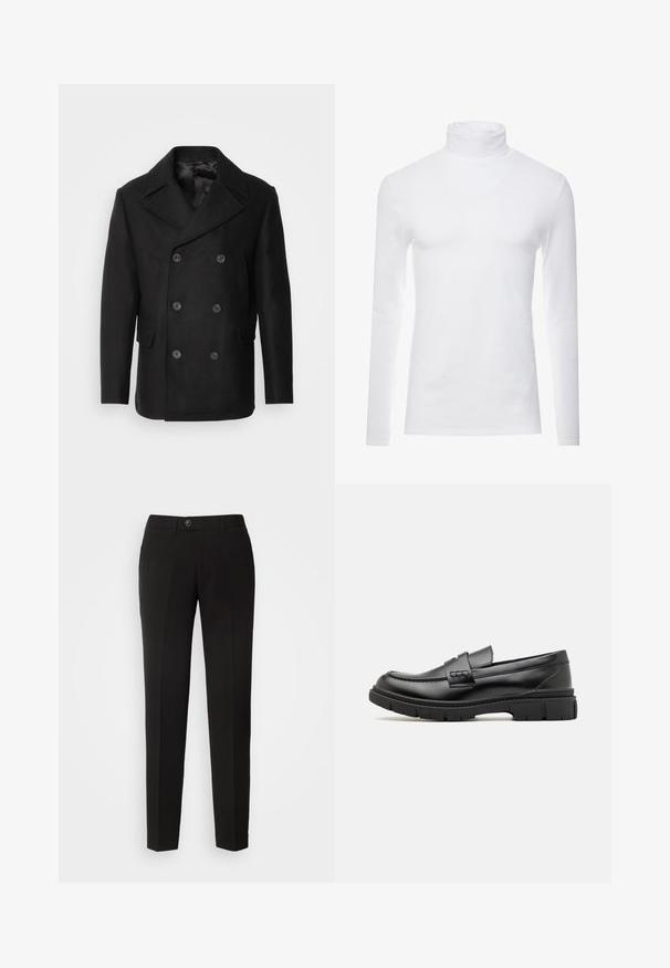 Isaac Dewhirst NEW SHORT PEACOAT SIDE ENTRY - Chaqueta de entretiempo - black; Camisa de cuello alto de manga larga blanca, hecha de un tejido suave y elástico. Presenta un diseño ajustado que proporciona una silueta estilizada.; Pantalones rectos negros de tejido suave, con cierre de botón y bolsillos laterales con un diseño clásico.; Mocasin de cuero negro con una cinta ancha en el empeine, suela de goma con tacos gruesos y textura suave. Diseño clásico y elegante.