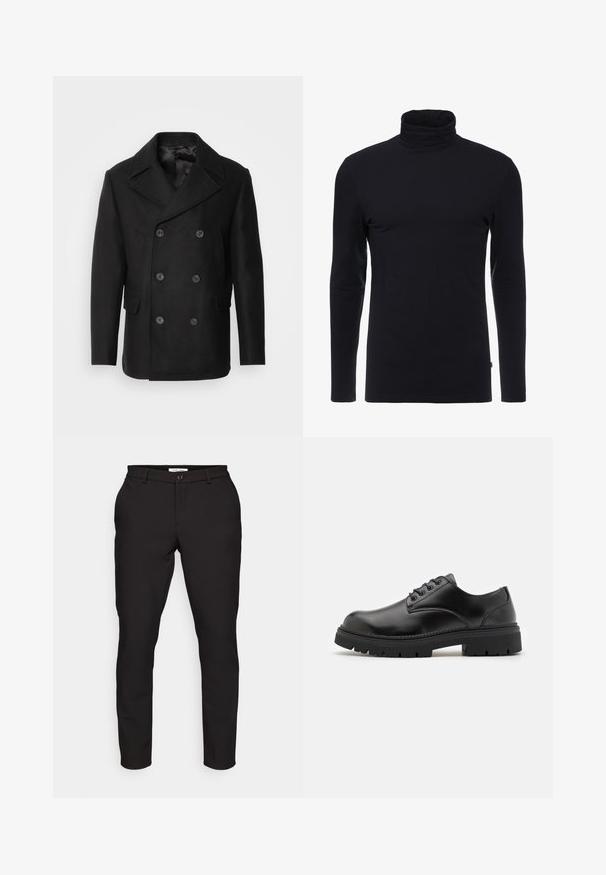 Isaac Dewhirst NEW SHORT PEACOAT SIDE ENTRY - Overgangsjakke - black; Sort langærmet turtleneck skjorte lavet af blødt, strækbart stof. Har et tætsiddende design og en glat tekstur. Ingen synlige mønstre eller accenter.; Sorte skræddersyede bukser med slim fit. Har lynlås, knaplukning, sidelommer og et glat, let stof.; Sorte lædersko med rund tå, snørelukning og en tykk, struktureret gummisål. Har syninger langs kanten og en glat overflade.