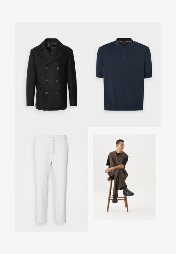 Isaac Dewhirst NEW SHORT PEACOAT SIDE ENTRY - Jas - black; Navyblauwe poloshirt met korte mouwen, gemaakt van een katoenen mix. Heeft een twee-knopen sluiting en een geborduurd logo op de borst.; Witte taps toelopende broek met een elastische tailleband, trekkoordsluiting, een gladde textuur en zonder zichtbare patronen of accenten.; Bruin gebreid vest over een zwart t-shirt, gecombineerd met bruine wijde broek en zwarte chunky schoenen, zittend op een houten kruk.