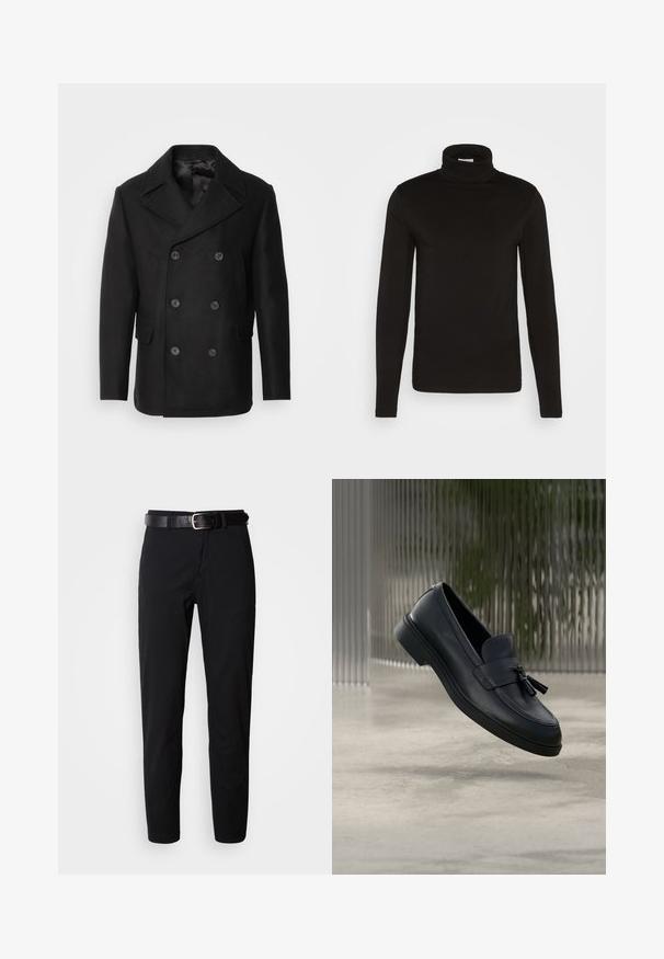 Isaac Dewhirst NEW SHORT PEACOAT SIDE ENTRY - Overgangsjakke - black; Sort turtleneck langærmet skjorte lavet af et glat stof med en tætsiddende design og en høj, tætsiddende krave. Ingen mønstre eller accenter synlige.; Sorte bukser med lige snit, der har en glat tekstur og et sort læderbælte med en sølvspænde. Enkel design, ingen mønstre eller accenter.; Sorte læderloafers med en glat tekstur, en rundet tå og dekorative kvaster foran. Fleksibel gummisål med lav hæl.