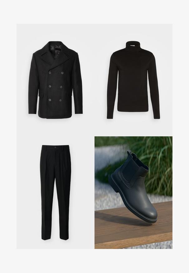 Isaac Dewhirst NEW SHORT PEACOAT SIDE ENTRY - Overgangsjakke - black; Sort turtleneck langærmet skjorte lavet af et glat stof med en tætsiddende design og en høj, tætsiddende krave. Ingen mønstre eller accenter synlige.; Sorte, skræddersyede bukser med høj talje, bæltestropper, forreste læg, sidelommer samt knap- og lynlåslukning.; Sort læder ankelstøvle med elastiske sidepaneler, strukturerede accenter og en gummisål; udstillingen inkluderer en træoverflade og grønne planter.