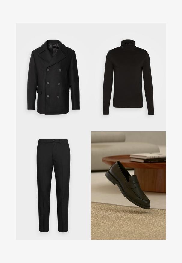 Isaac Dewhirst NEW SHORT PEACOAT SIDE ENTRY - Overgangsjakke - black; Sort turtleneck langærmet skjorte lavet af et glat stof med en tætsiddende design og en høj, tætsiddende krave. Ingen mønstre eller accenter synlige.; Sorte bukser lavet af glat stof med slim fit, med knaplukning, bæltestropper og lige ben.; Sort læderloafer vist i luften over en beige vævet tæppe, med et træbord og stablede bøger i et blødt oplyst stue.