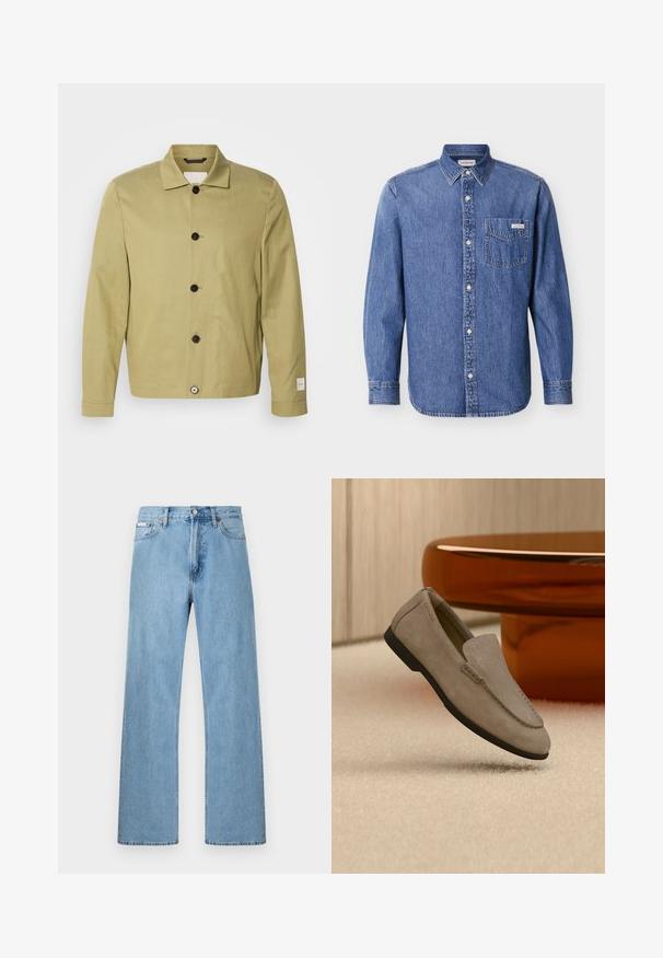 Veste vert olive clair en lin, présentant une coupe droite, des boutons noirs et une étiquette sur la manche. Aucun motif ni ornement visible.; Chemise en denim bleu moyen avec manches longues, devant à boutons et une poche poitrine unique ornée d'un écusson logo. Col classique.; Jean en denim bleu clair coupe droite à cinq poches avec fermeture à boutons à la taille, présenté sur un fond uni.; Mocassin en suède marron clair avec semelle noire, posé sur un tapis beige devant une table circulaire marron réfléchissante contre un mur en bois.