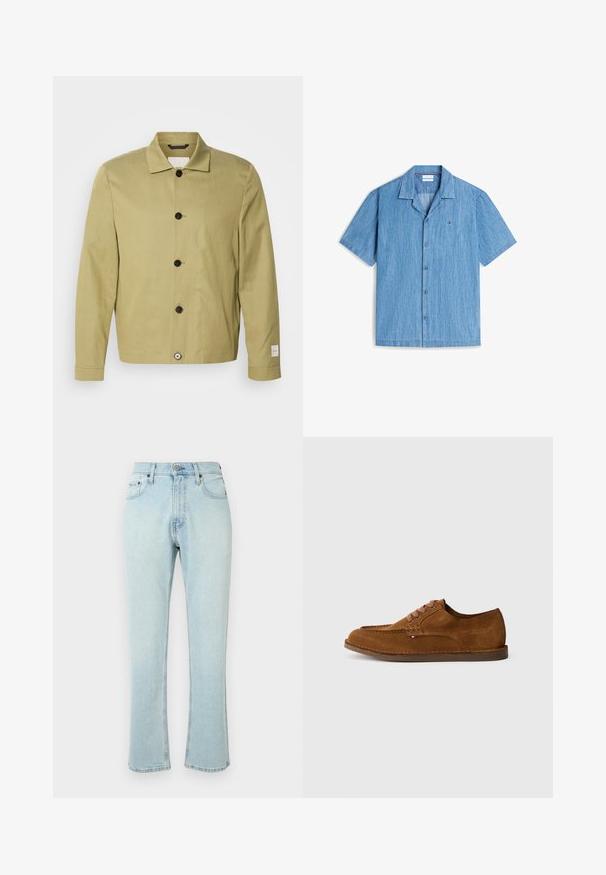 Veste vert olive clair en lin, présentant une coupe droite, des boutons noirs et une étiquette sur la manche. Aucun motif ni ornement visible.; Chemise bleu clair à manches courtes avec boutons, col camp et petit logo sur la poitrine gauche.; Jean en denim bleu clair avec une coupe droite, taille haute et légères zones de décoloration. Détail d'ourlet effiloché avec cinq passants de ceinture et quincaillerie traditionnelle.; Chaussure en daim marron avec un bout arrondi, des coutures décoratives et six œillets de lacets contrastants. Semelle plate et design minimaliste.
