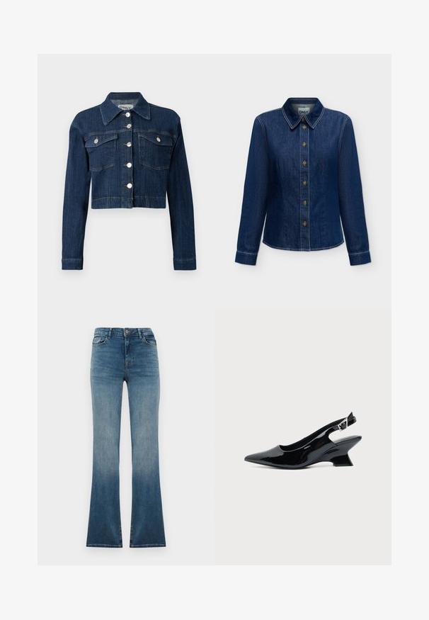Mørk denim cropped jakke med spids krave, sølvknapper og to brystlommer med klapper. Glat tekstur med subtile syninger.; Mørkeblå denim langærmet skjorte med knapper foran og krave, synlige syninger og mærkelabel inde i nakkestykket.; Blå denim flared jeans med en gradient fading fra mørk til lys. Har en traditionel talje, fem lommer og en frontlukning med knap.; Sort laklæder slingback sko med spids tå og lav vinklet blokhæl på ensartet lys baggrund.
