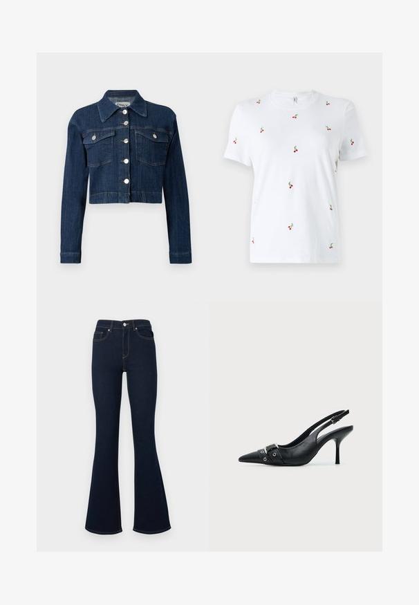 Mørk denim cropped jakke med spids krave, sølvknapper og to brystlommer med klapper. Glat tekstur med subtile syninger.; Hvid bomulds t-shirt med korte ærmer, der har spredt rød kirsebærbroderi og grønne stilke som nøgle dekorative detaljer.; Mørkeblå udvidede jeans med høj talje, forlommer og kontrastsyninger, lavet af denimstof med en glat tekstur.; Sort læder højhælet sko med spidst tåparti, slingback og rem med spænde og nitter foran.